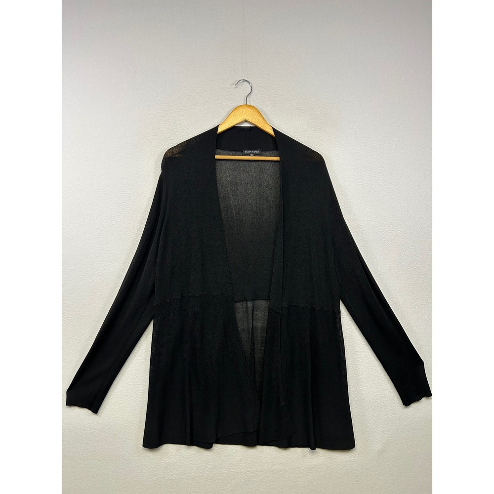 Minimalist Eileen Fisher Women XL Black Sheer Open Front  Cardigan Sweater Chic